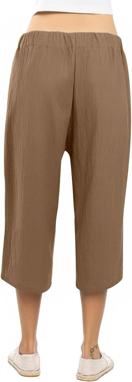 Capris Pants for Women Casual Summer Wide Leg Linen Pants Tie Belt Elastic Waist Beach Cropped Trousers with Pockets