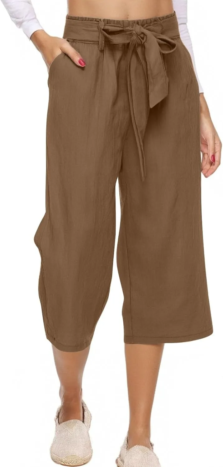 Capris Pants for Women Casual Summer Wide Leg Linen Pants Tie Belt Elastic Waist Beach Cropped Trousers with Pockets
