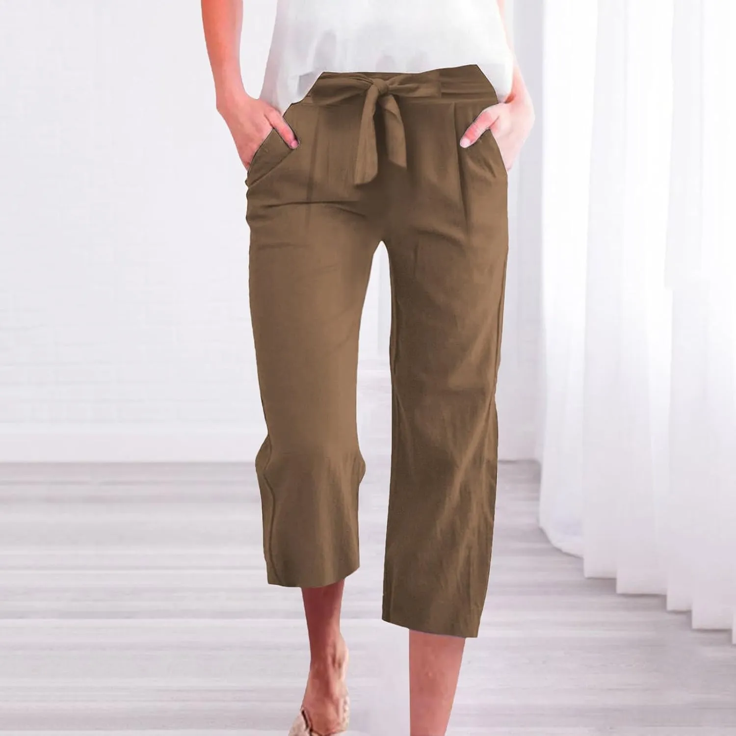 Capris Pants for Women Casual Summer Wide Leg Linen Pants Tie Belt Elastic Waist Beach Cropped Trousers with Pockets