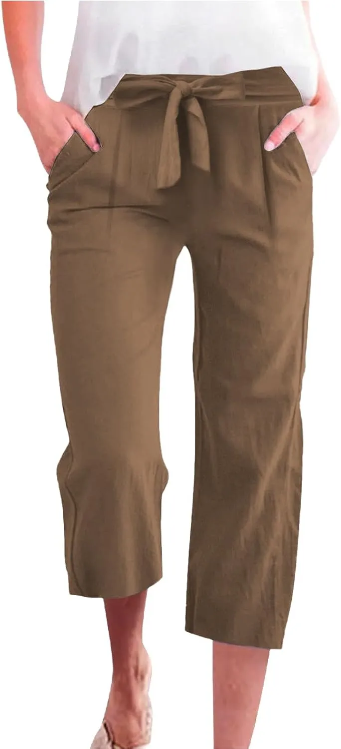 Capris Pants for Women Casual Summer Wide Leg Linen Pants Tie Belt Elastic Waist Beach Cropped Trousers with Pockets