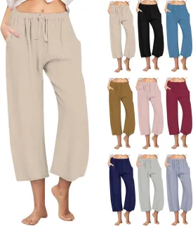 Cotton Linen Pants for Women 2025 Wide Leg Cropped Lounge Trousers Drawstring Elastic Waist Summer Beach Pant Outfits