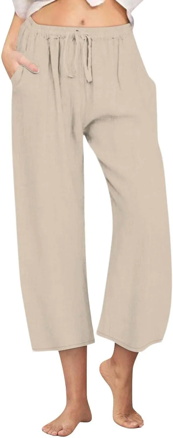 Cotton Linen Pants for Women 2025 Wide Leg Cropped Lounge Trousers Drawstring Elastic Waist Summer Beach Pant Outfits