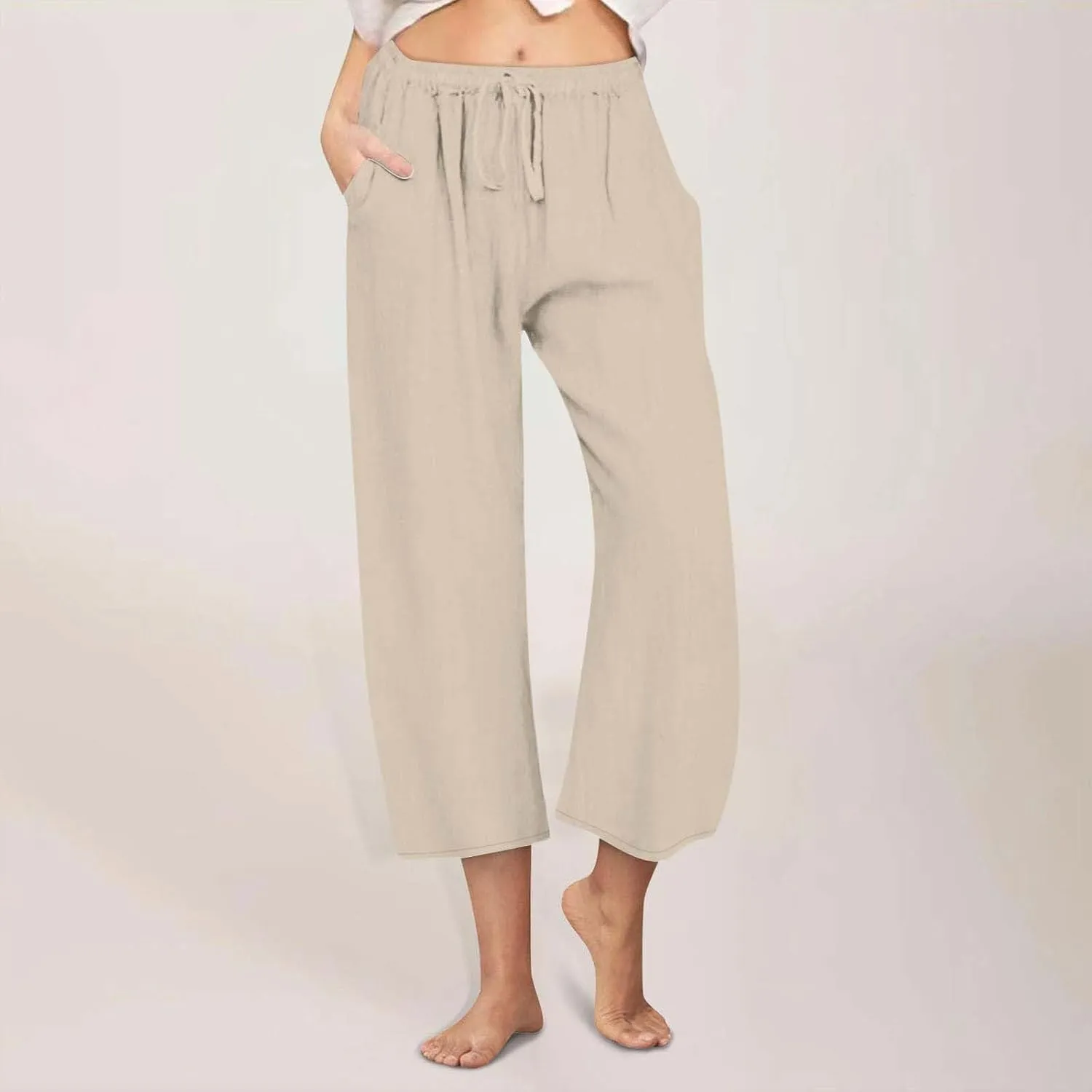 Cotton Linen Pants for Women 2025 Wide Leg Cropped Lounge Trousers Drawstring Elastic Waist Summer Beach Pant Outfits