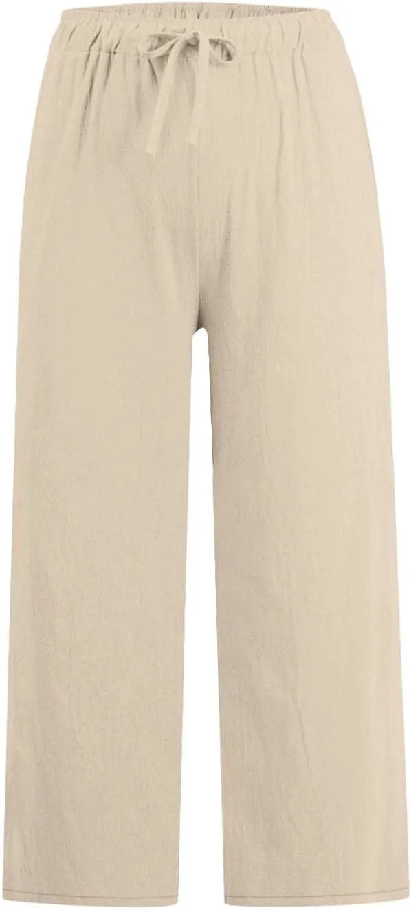 Cotton Linen Pants for Women 2025 Wide Leg Cropped Lounge Trousers Drawstring Elastic Waist Summer Beach Pant Outfits