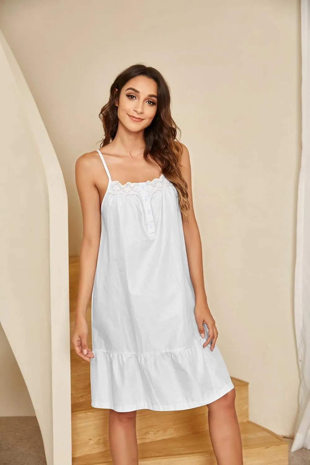 Ekouaer Women's 100% Cotton Lace Nightgown Sleeveless Sleep Dress Victorian Sleepshirt Button Strap Gown