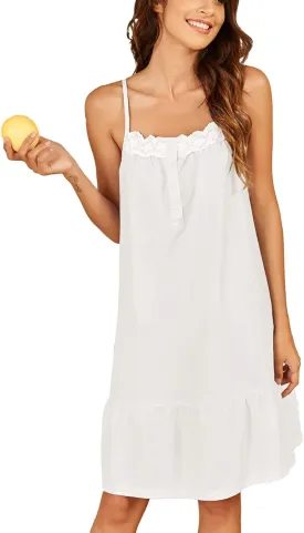 Ekouaer Women's 100% Cotton Lace Nightgown Sleeveless Sleep Dress Victorian Sleepshirt Button Strap Gown