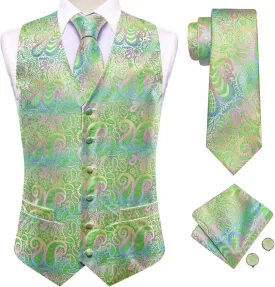 Hi-Tie Mens Suit Vest Tie set Classic Waistcoat and Necktie Handkerchief Cufflinks Suit Wedding Party