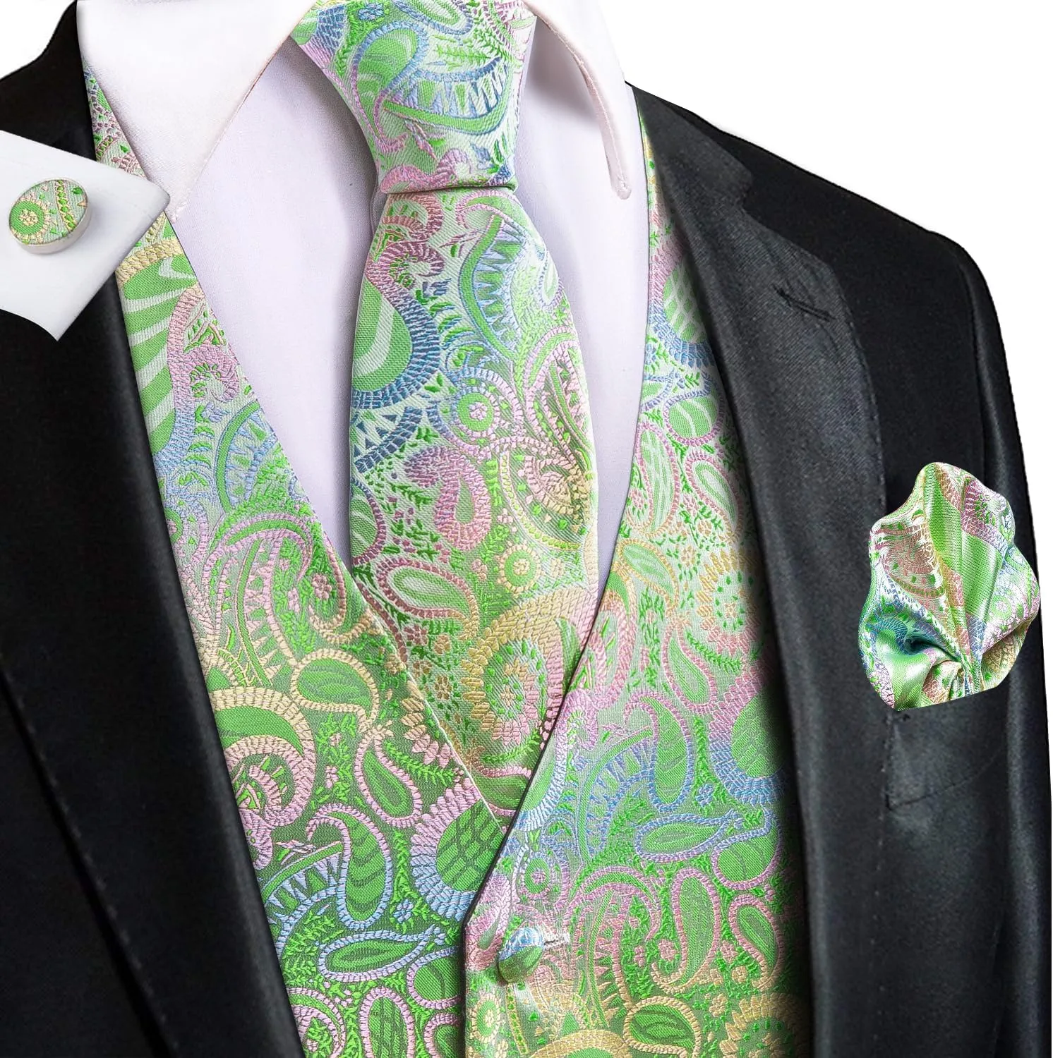 Hi-Tie Mens Suit Vest Tie set Classic Waistcoat and Necktie Handkerchief Cufflinks Suit Wedding Party