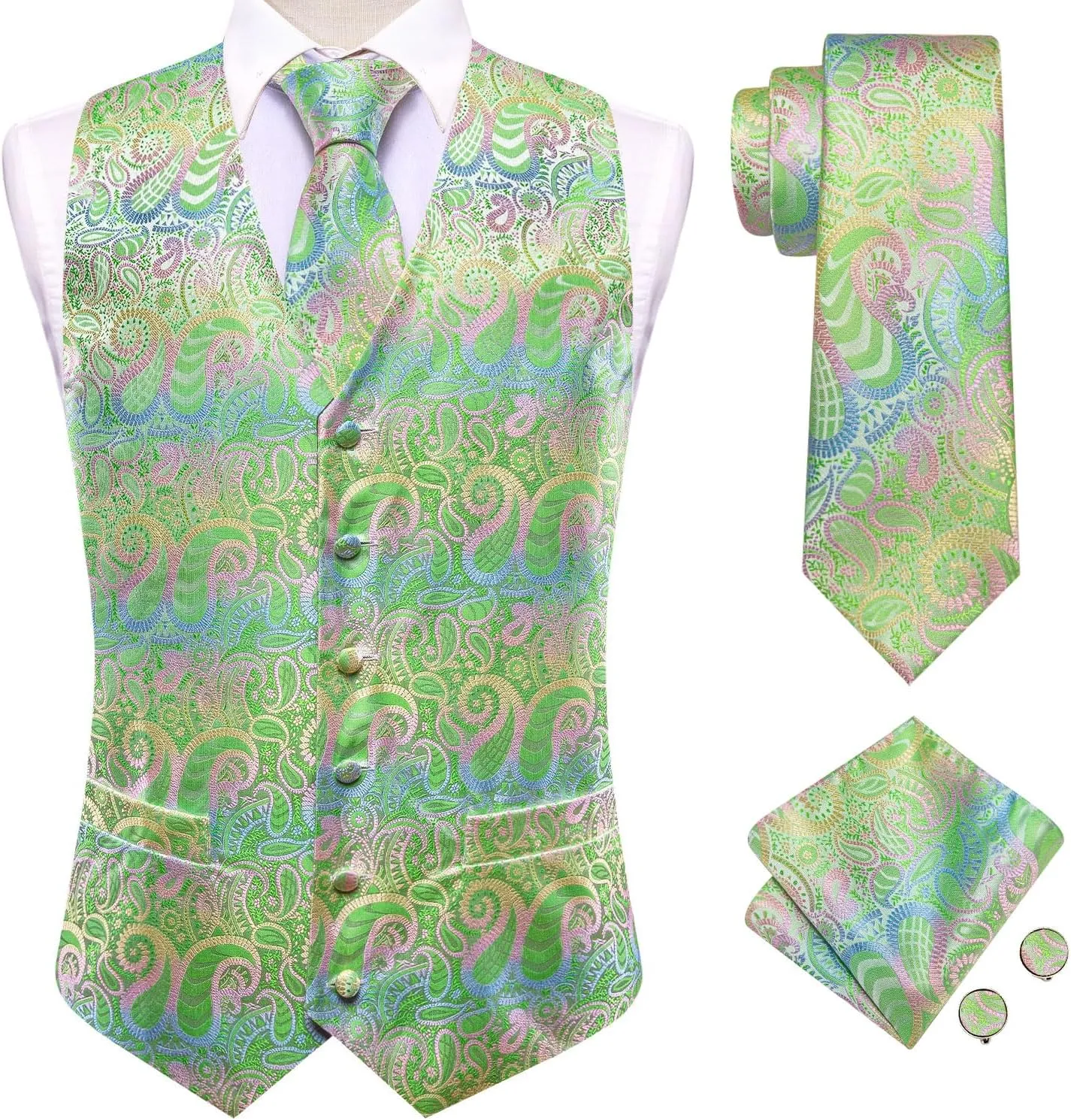 Hi-Tie Mens Suit Vest Tie set Classic Waistcoat and Necktie Handkerchief Cufflinks Suit Wedding Party