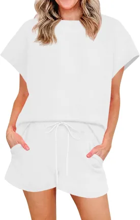 Imily Bela Womens 2 Piece Lounge Sets Summer Short Sleeve Tops and Shorts Set Airport Travel Outfits