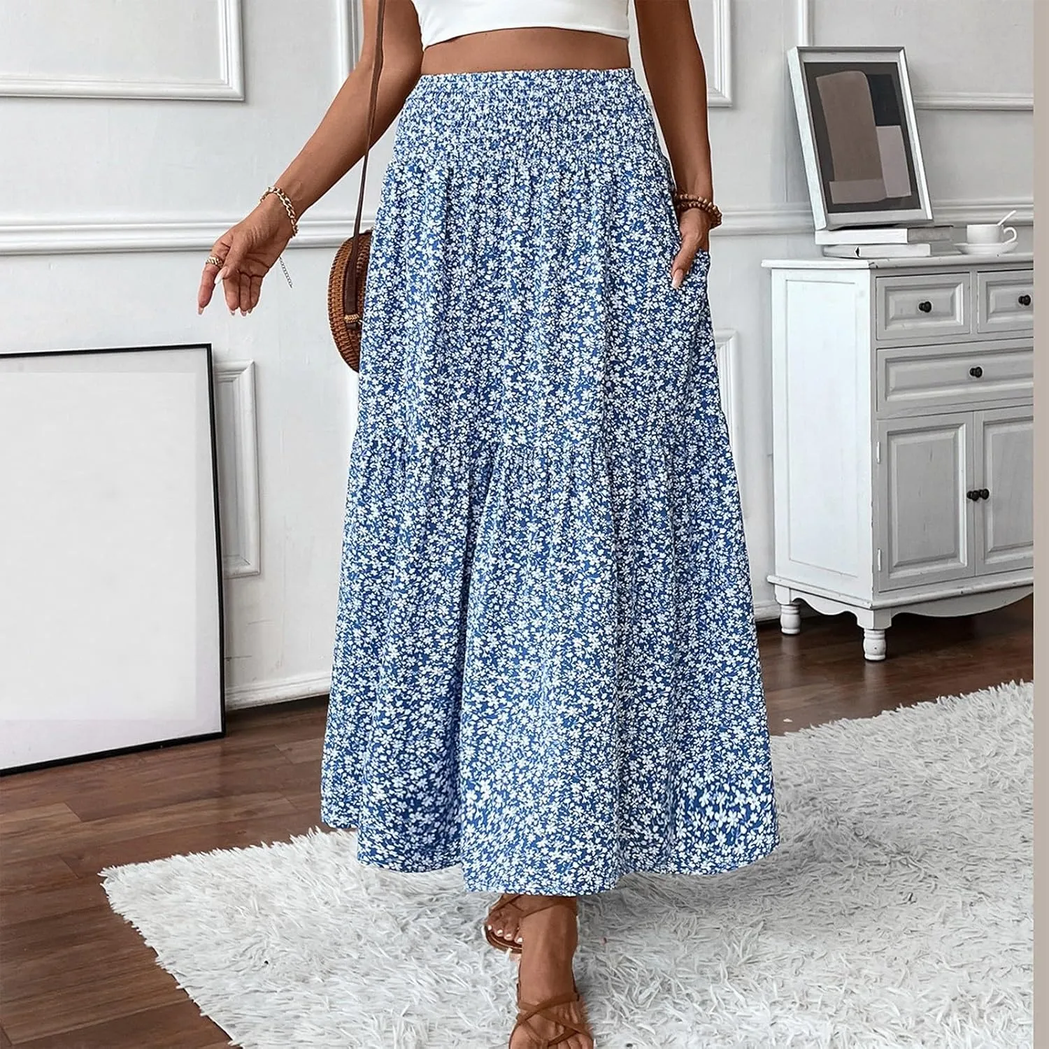 Long Flowy Skirts for Women Smocked High Waisted Floral Maxi Skirt with Pockets Boho Ruffle Tiered Beach A Line Skirt