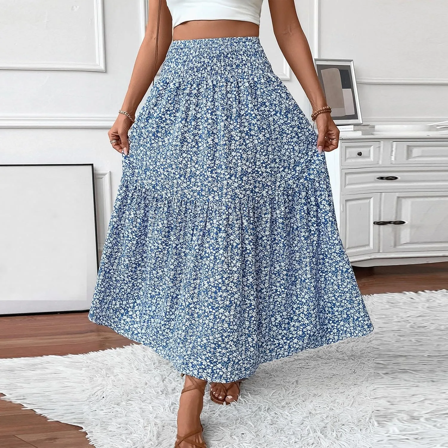 Long Flowy Skirts for Women Smocked High Waisted Floral Maxi Skirt with Pockets Boho Ruffle Tiered Beach A Line Skirt