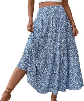 Long Flowy Skirts for Women Smocked High Waisted Floral Maxi Skirt with Pockets Boho Ruffle Tiered Beach A Line Skirt