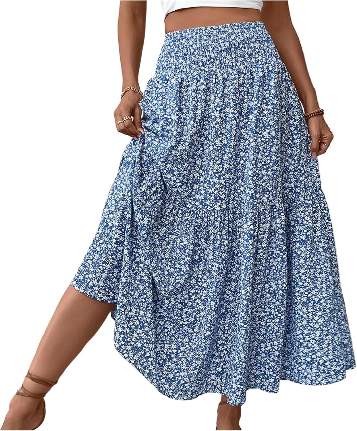 Long Flowy Skirts for Women Smocked High Waisted Floral Maxi Skirt with Pockets Boho Ruffle Tiered Beach A Line Skirt