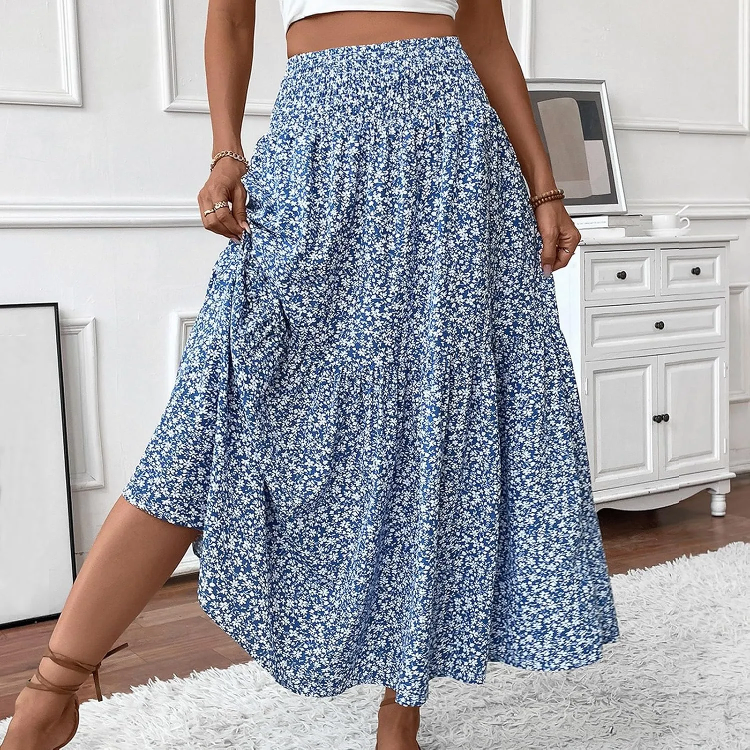 Long Flowy Skirts for Women Smocked High Waisted Floral Maxi Skirt with Pockets Boho Ruffle Tiered Beach A Line Skirt