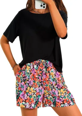 PRETTYGARDEN Women's Summer 2 Piece Outfits Lounge Sets Short Sleeve Tee Shirts Tops Blouses Pockets Printed Shorts Tracksuit