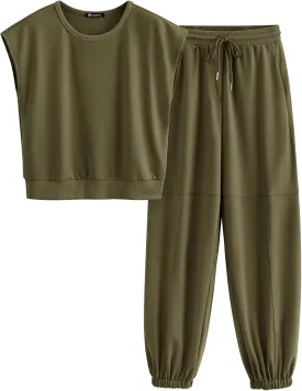 PRETTYGARDEN Women's Summer 2 Piece Tracksuit Outfit Casual Cap Sleeve Tops High Waist Pants Set Loungewear