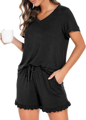 PrinStory Womens Pajamas Set Lounge Sets Short Sleeve Sleepwear Soft Pjs Shorts Set with Pockets