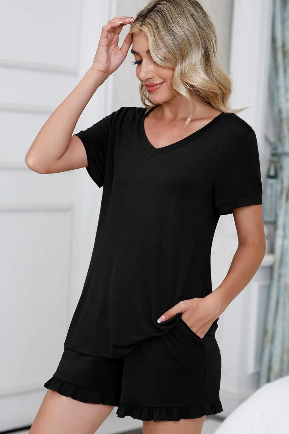 PrinStory Womens Pajamas Set Lounge Sets Short Sleeve Sleepwear Soft Pjs Shorts Set with Pockets