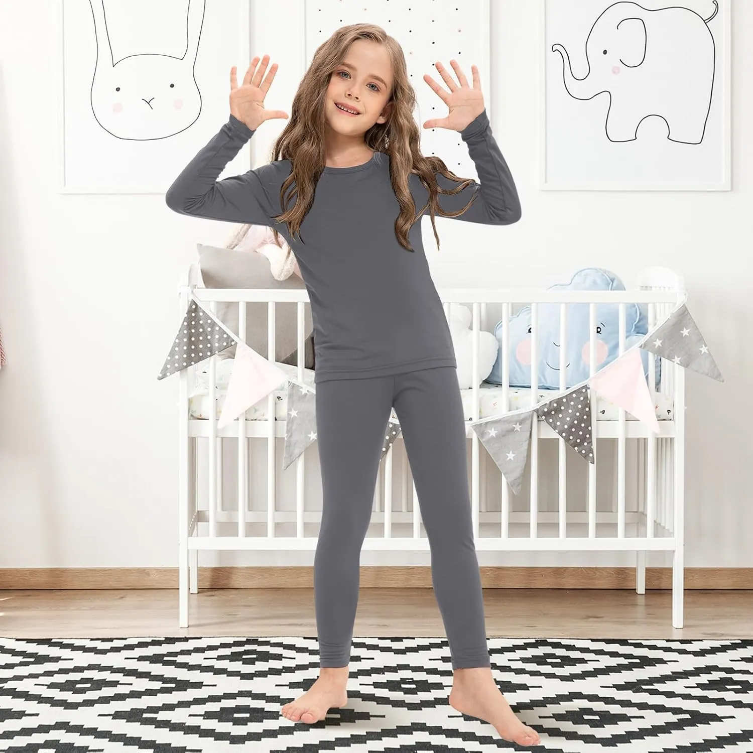 Silkfly 5 Set Girls Thermal Underwear Set Fleece Lined Long Winter Johns Kids Base Layer Thermal Top Bottom Warm Set