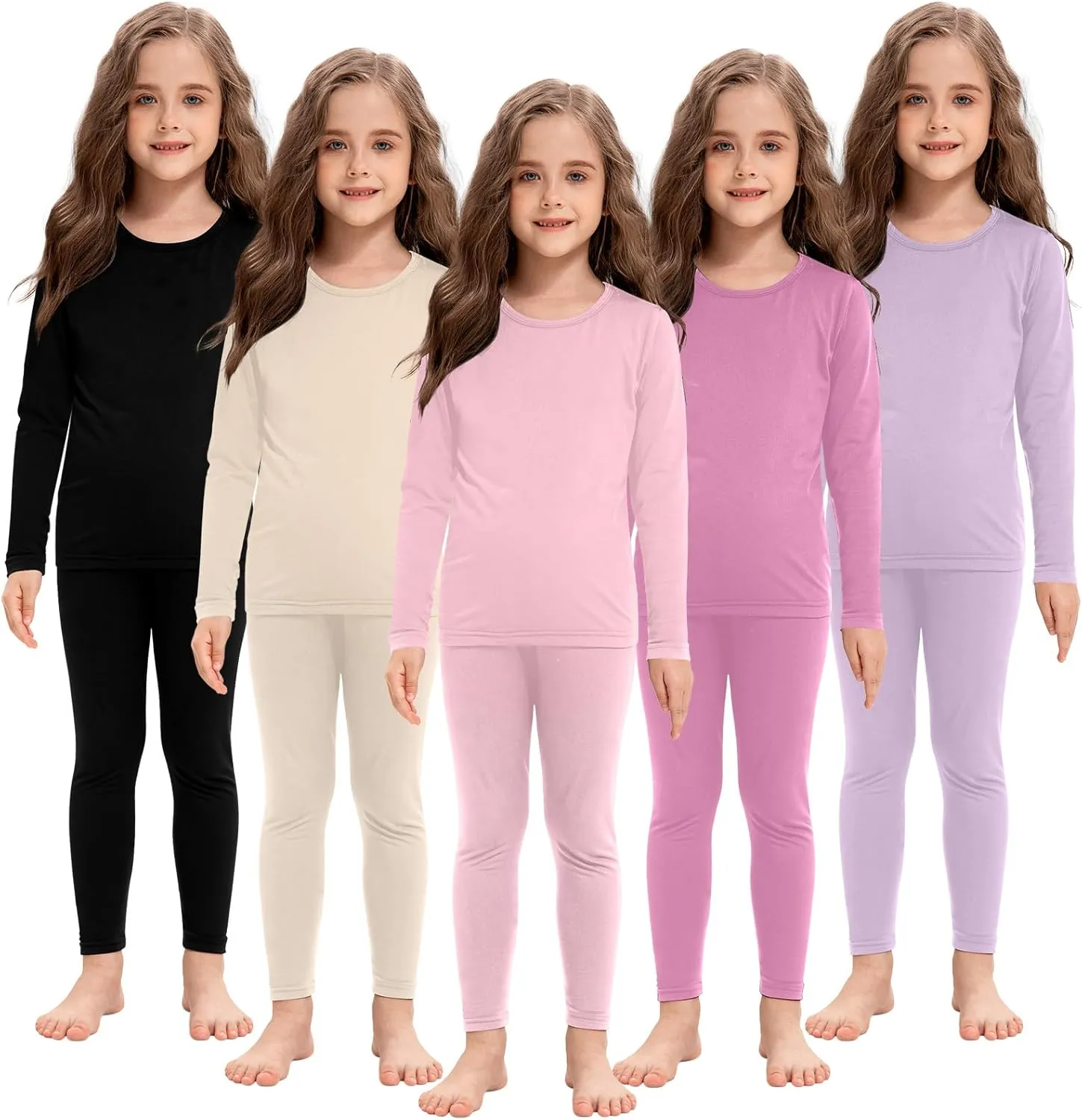 Silkfly 5 Set Girls Thermal Underwear Set Fleece Lined Long Winter Johns Kids Base Layer Thermal Top Bottom Warm Set