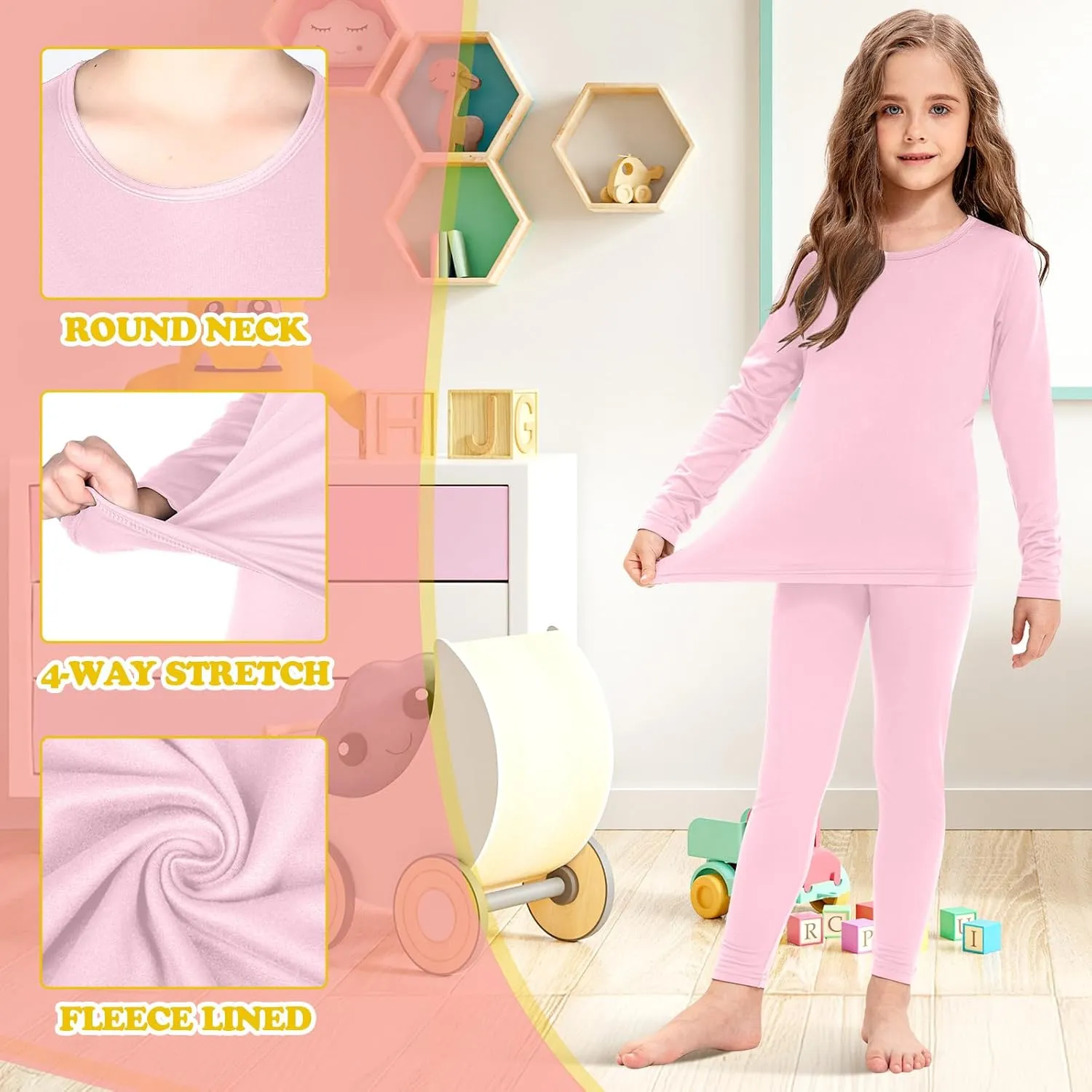Silkfly 5 Set Girls Thermal Underwear Set Fleece Lined Long Winter Johns Kids Base Layer Thermal Top Bottom Warm Set