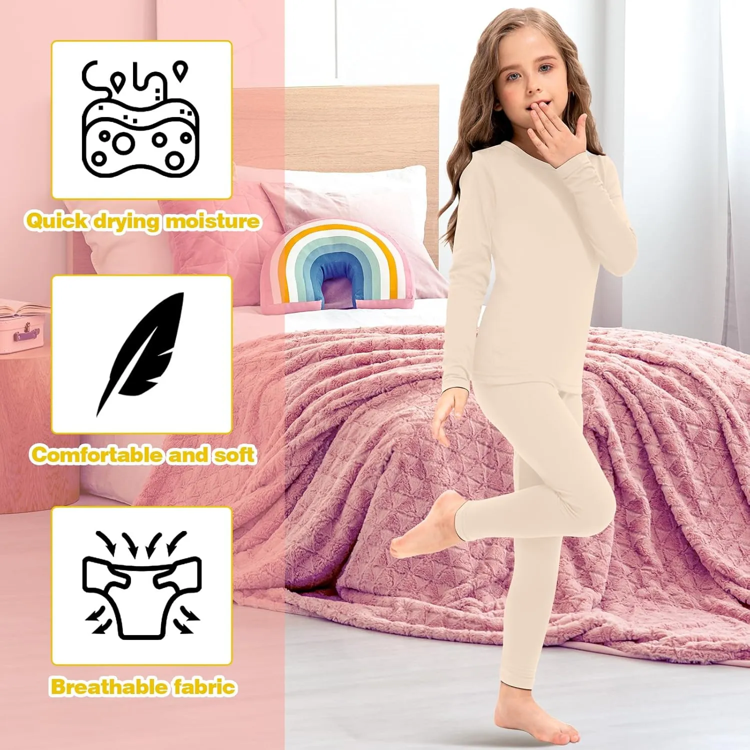 Silkfly 5 Set Girls Thermal Underwear Set Fleece Lined Long Winter Johns Kids Base Layer Thermal Top Bottom Warm Set