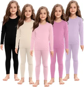 Silkfly 5 Set Girls Thermal Underwear Set Fleece Lined Long Winter Johns Kids Base Layer Thermal Top Bottom Warm Set