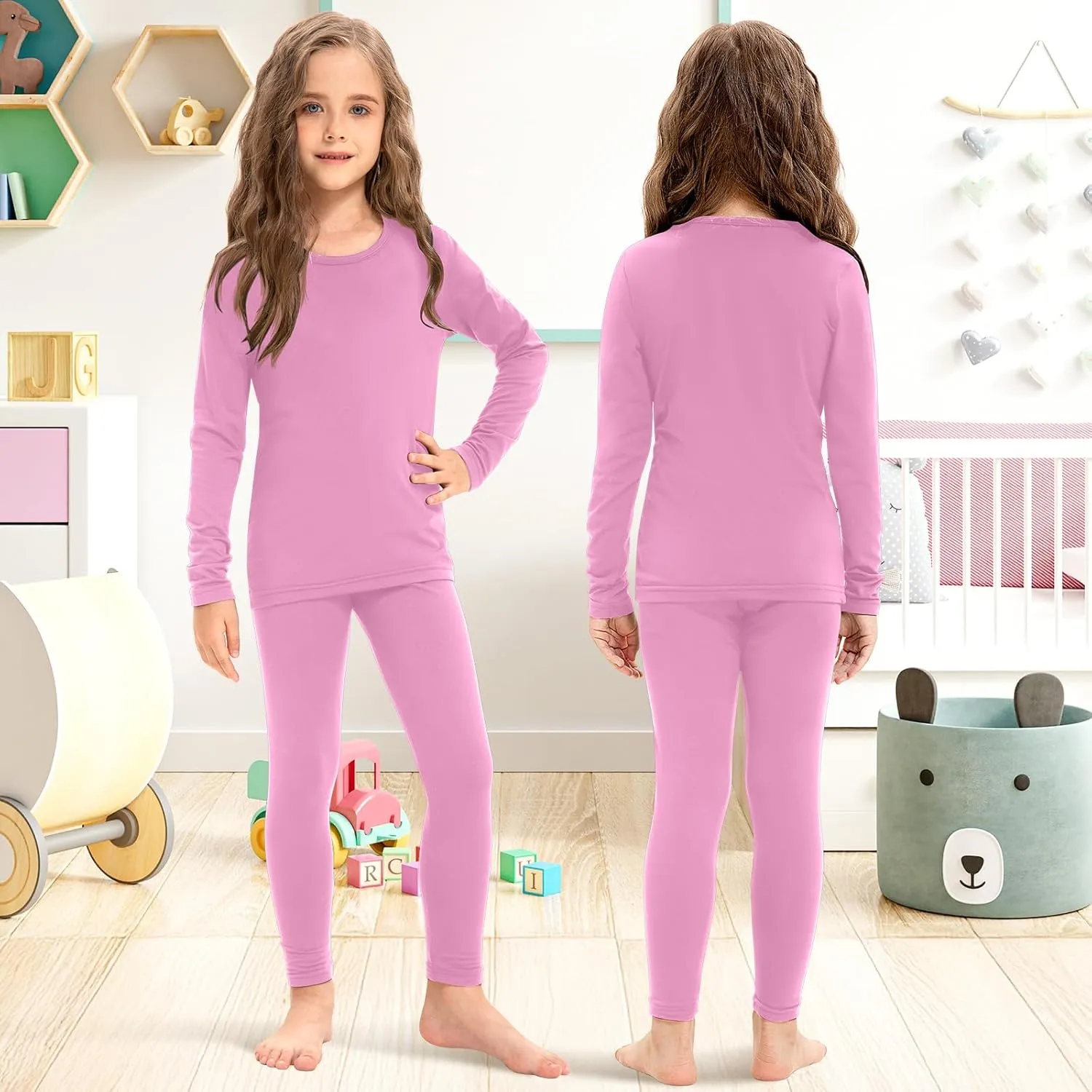Silkfly 5 Set Girls Thermal Underwear Set Fleece Lined Long Winter Johns Kids Base Layer Thermal Top Bottom Warm Set