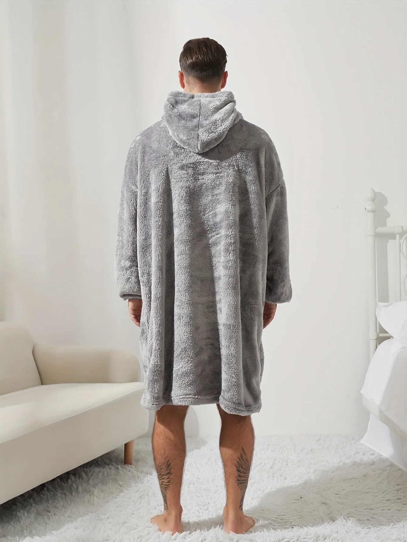Stylish 1 Pc Men's Thickened Long Sleeve Hooded Bathrobe With Pockets - Casual Fleece Pullover Sleepwear For Winter, Breathable Non-Sheer Material Sleep Robe