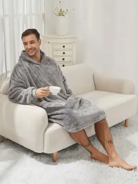 Stylish 1 Pc Men's Thickened Long Sleeve Hooded Bathrobe With Pockets - Casual Fleece Pullover Sleepwear For Winter, Breathable Non-Sheer Material Sleep Robe
