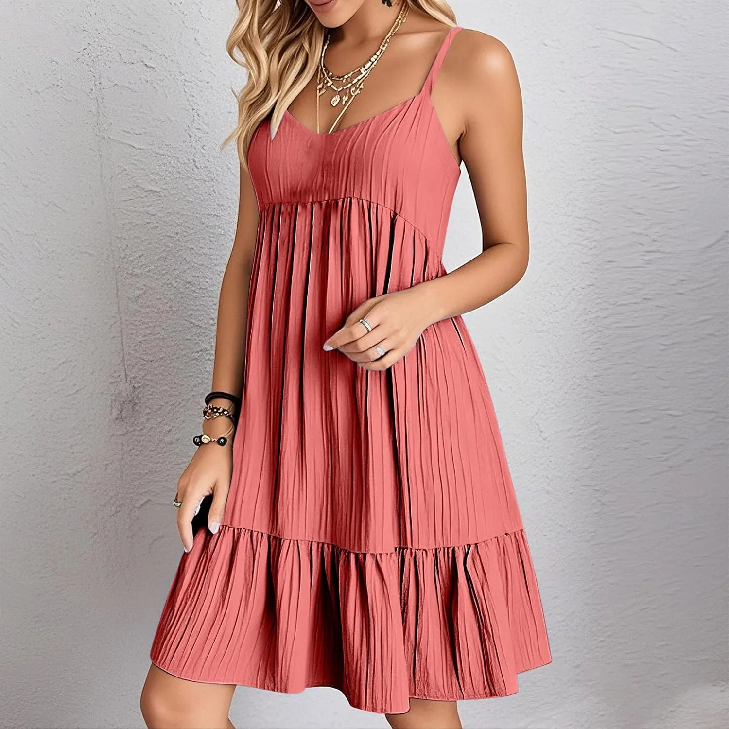 Sun Dresses for Women 2025 Vacation Summer Casual V Neck Spaghetti Strap Slip Dress Pleated Pajamas Mini Dress