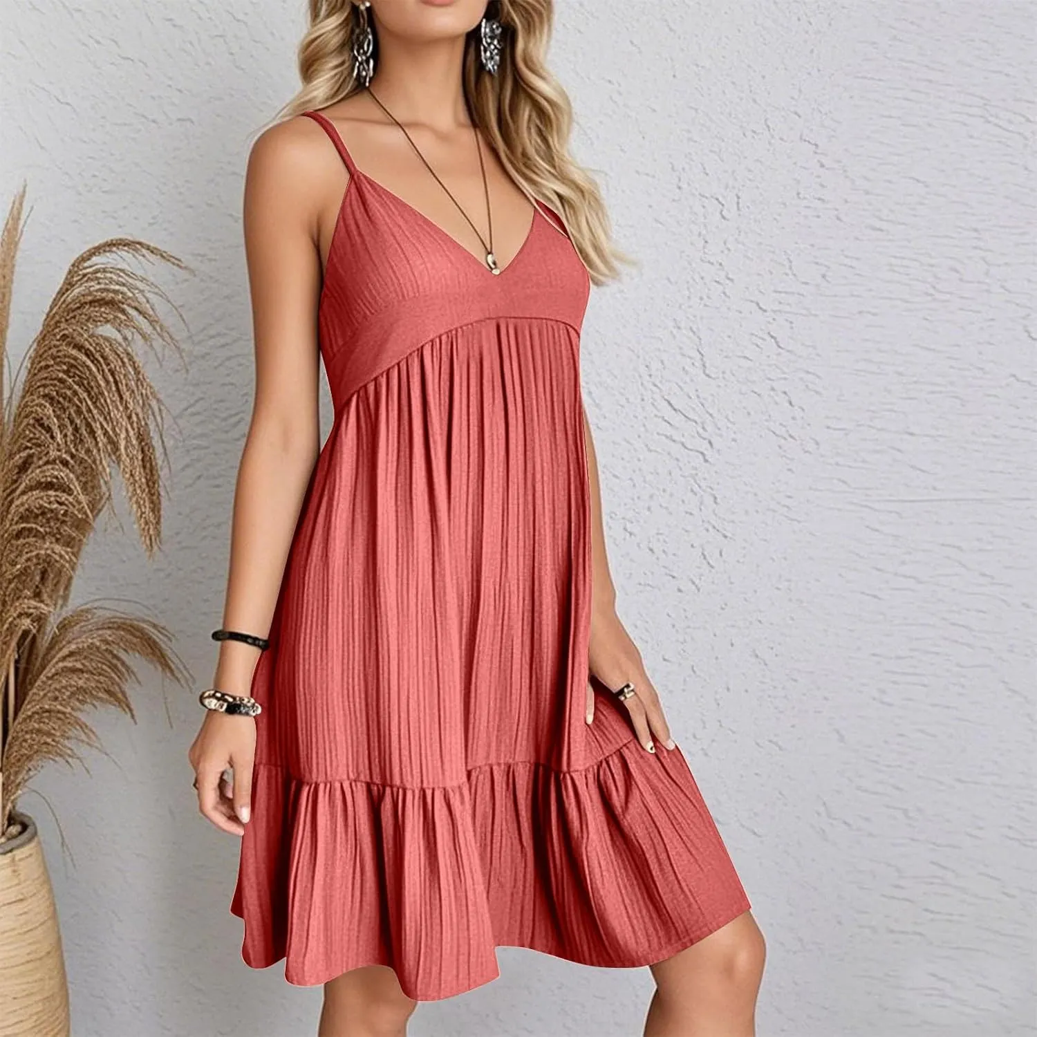 Sun Dresses for Women 2025 Vacation Summer Casual V Neck Spaghetti Strap Slip Dress Pleated Pajamas Mini Dress