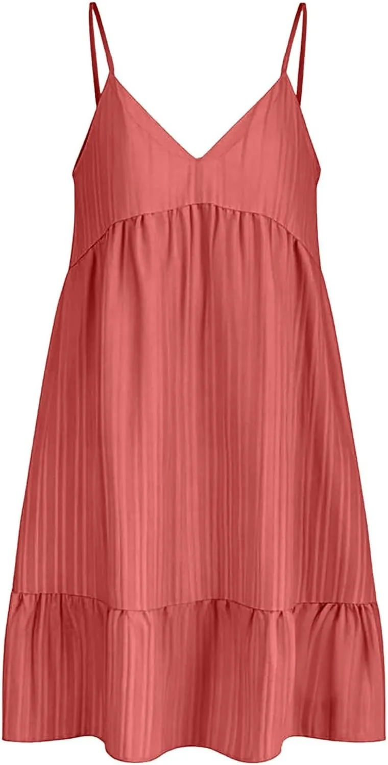 Sun Dresses for Women 2025 Vacation Summer Casual V Neck Spaghetti Strap Slip Dress Pleated Pajamas Mini Dress