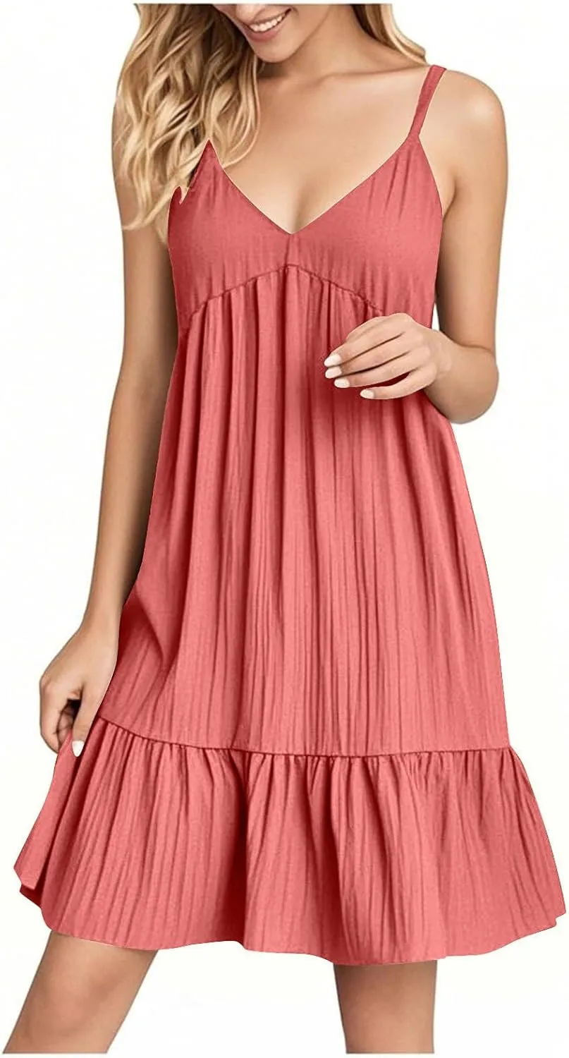 Sun Dresses for Women 2025 Vacation Summer Casual V Neck Spaghetti Strap Slip Dress Pleated Pajamas Mini Dress