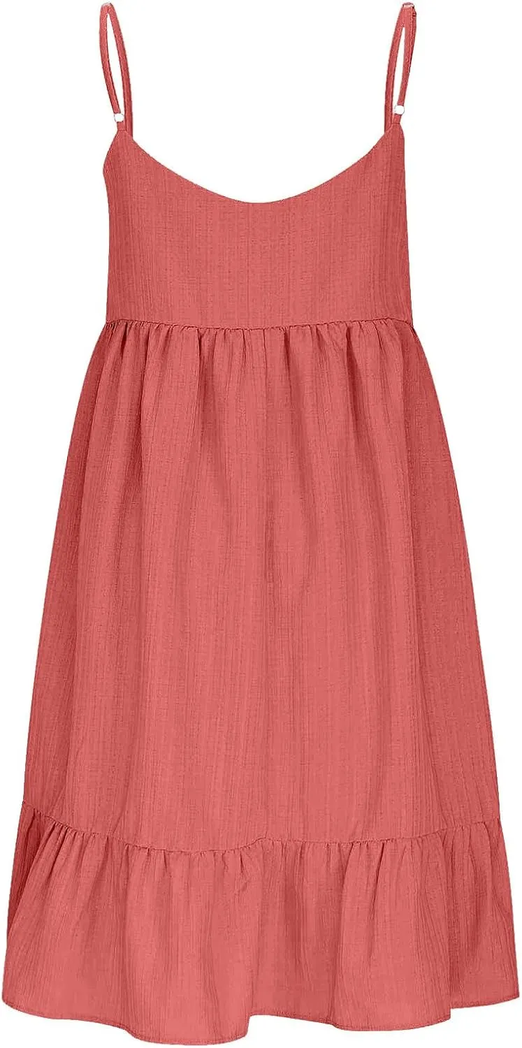 Sun Dresses for Women 2025 Vacation Summer Casual V Neck Spaghetti Strap Slip Dress Pleated Pajamas Mini Dress