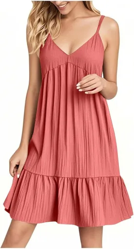Sun Dresses for Women 2025 Vacation Summer Casual V Neck Spaghetti Strap Slip Dress Pleated Pajamas Mini Dress