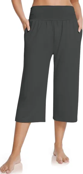 UEU Women's Summer Capris Yoga Pants for Women High Waisted Casual Wide Leg Loose Soft Pajamas with Pockets