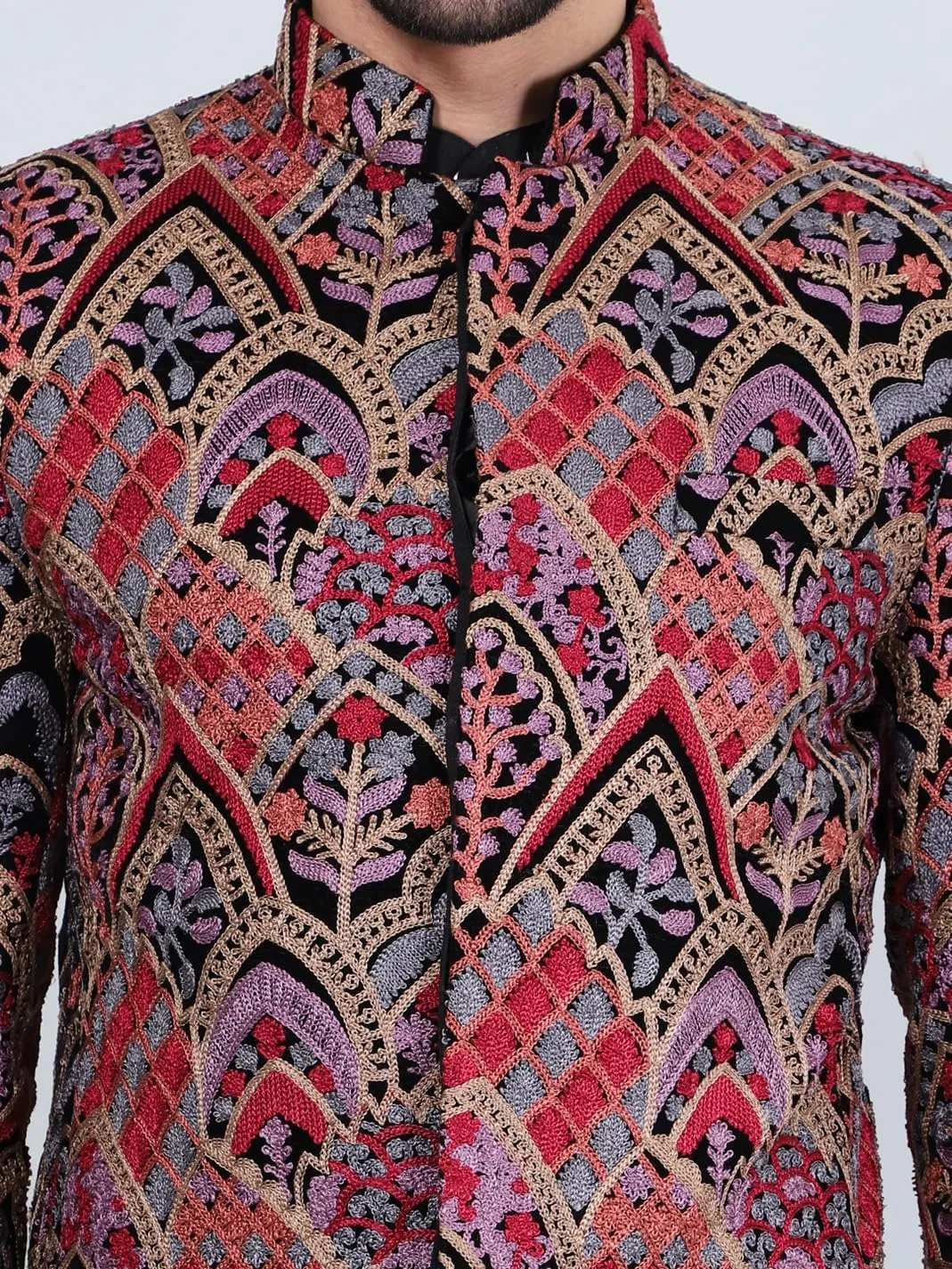 WINTAGE Men's Embroidered Velvet Bandhgala