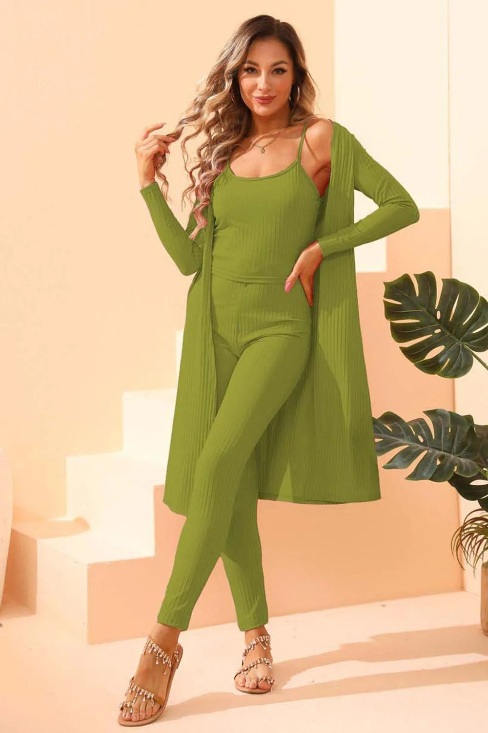 Women 3 Piece Lounge Sweatsuit Sets 2025 Spring Jogger Set Ribbed Long Cardigan Crop Tank Pants Casual Outfits