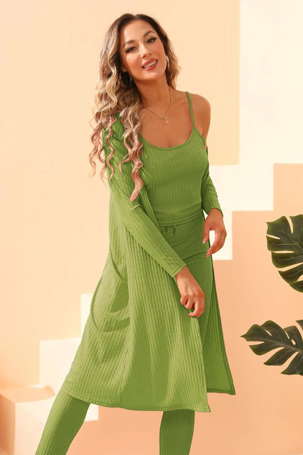 Women 3 Piece Lounge Sweatsuit Sets 2025 Spring Jogger Set Ribbed Long Cardigan Crop Tank Pants Casual Outfits