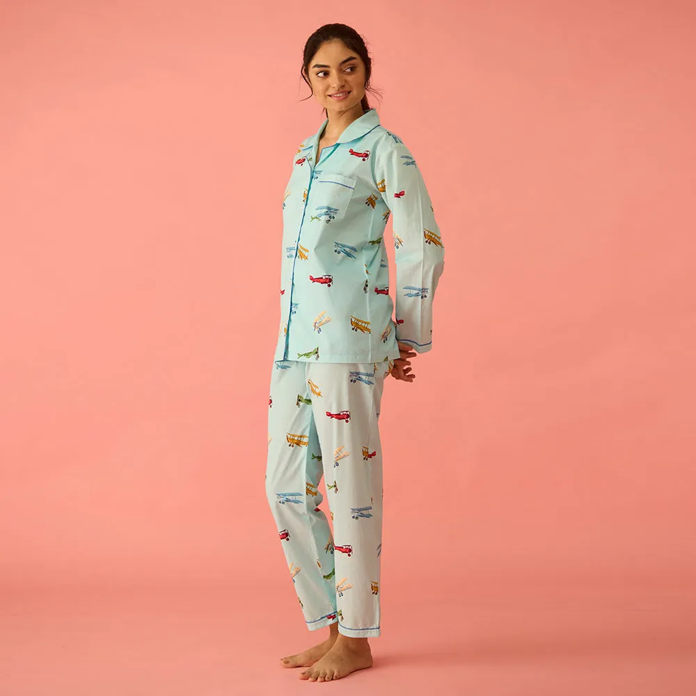 Women Vintage Planes Sky Blue Pajama Set