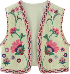 Women's Fashion Embroidered Vest Open Front Linen Ethnic Floral Crochet Tank Top Quilted Cotton Cowgirl Vest Jacket