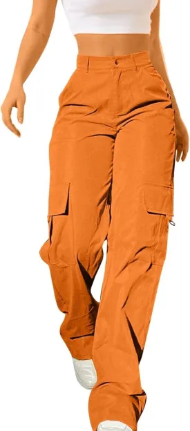 Women's High Waisted Cargo Pants Travel Y2K Streetwear Baggy Stretchy Pants with 4 Pockets Straight Leg Trousers