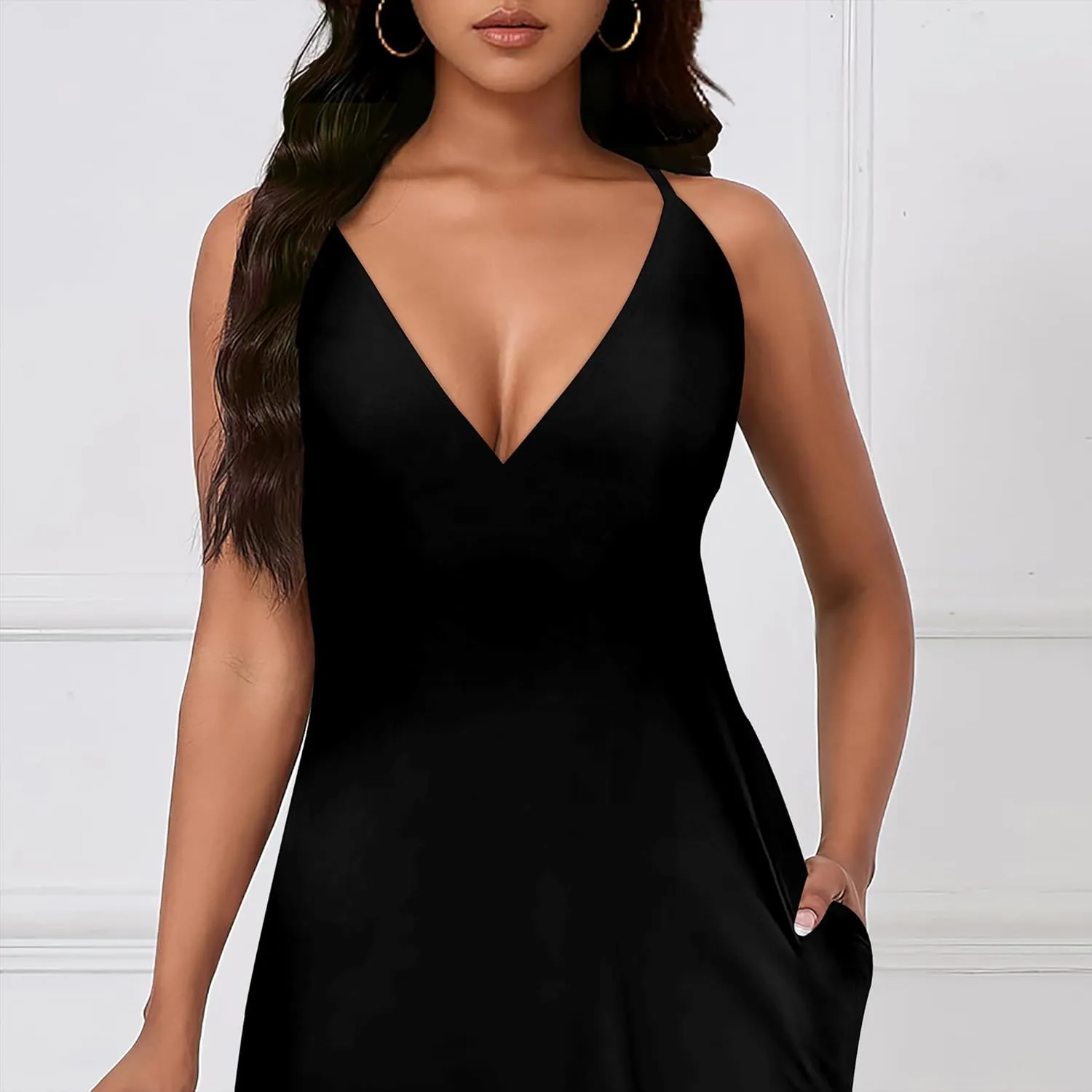 Womens Sexy Casual Spaghetti Strap Dress Deep V Neck Sleeveless Backless Halter Sundress with Pockets