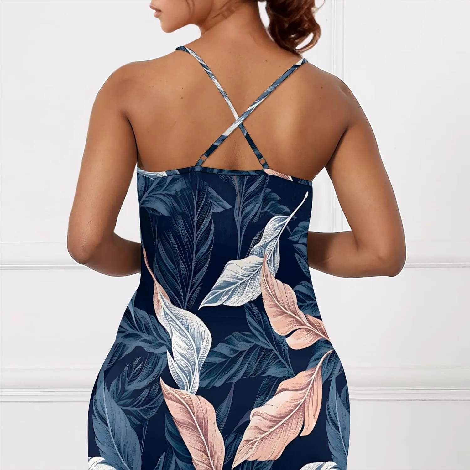 Womens Sexy Casual Spaghetti Strap Dress Deep V Neck Sleeveless Backless Halter Sundress with Pockets