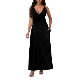 Womens Sexy Casual Spaghetti Strap Dress Deep V Neck Sleeveless Backless Halter Sundress with Pockets