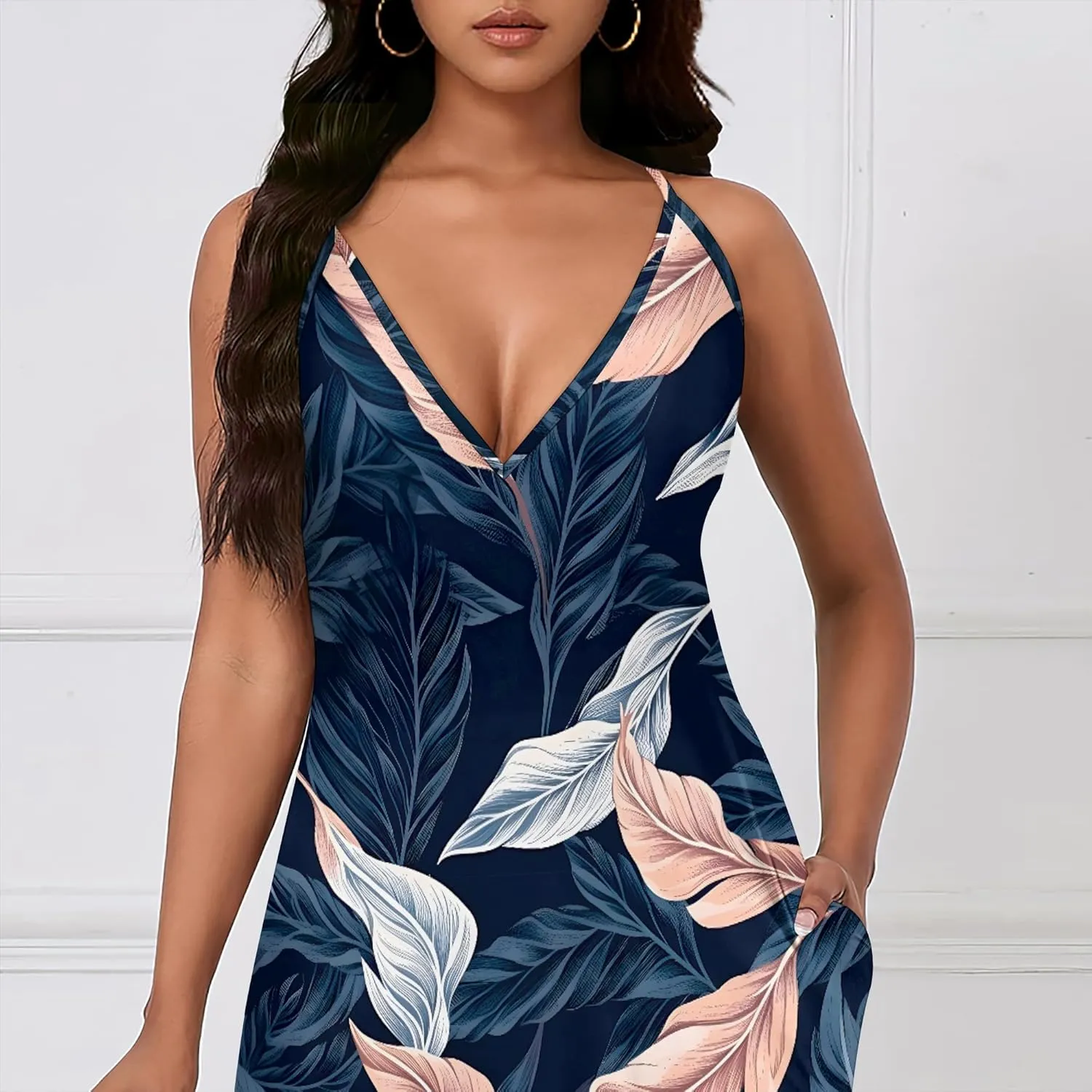 Womens Sexy Casual Spaghetti Strap Dress Deep V Neck Sleeveless Backless Halter Sundress with Pockets