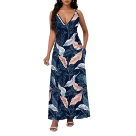 Womens Sexy Casual Spaghetti Strap Dress Deep V Neck Sleeveless Backless Halter Sundress with Pockets