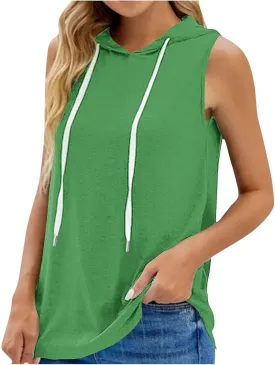 Womens Workout Hooded Tank Tops Drawstring Loose Fit Running Gym Sleeveless Hoodie Tee Shirts 2025 Summer